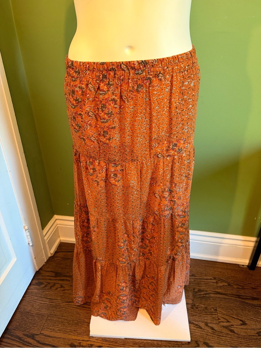 Elan Rust Orange Floral Tiered Maxi Boho Skirt - Picture 11 of 16